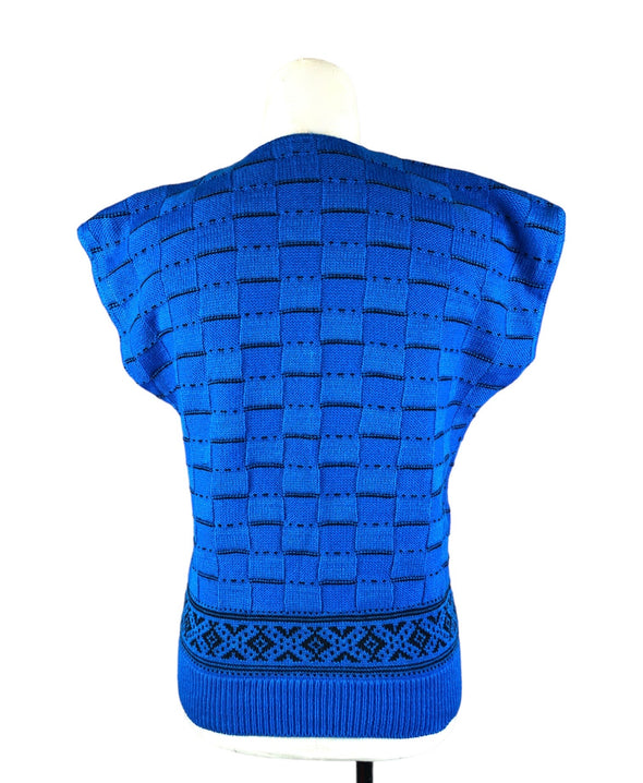 Vintage Blue Black Print Knit Top Size Medium