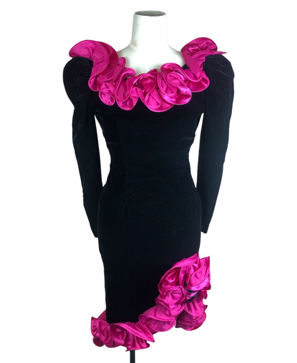 Vintage 80s Black Velvet Pink Ruffle Dress Size XS